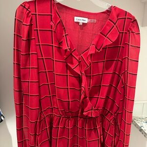 Calvin Klein Red Grid Long Sleeve Blouse